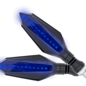 JUEGO DE LUZ DIRECCIONAL PARA MOTO LUZ AMBAR C/SECUENCIA, LUZ AZUL DIURNA, 12 VOLTS, CARCASA NEGRA