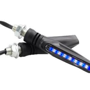 JUEGO DE LUZ DIRECCIONAL PARA MOTO LUZ AMBAR C/SECUENCIA, LUZ AZUL DIURNA, 12VOLTS, CARCASA NEGRA