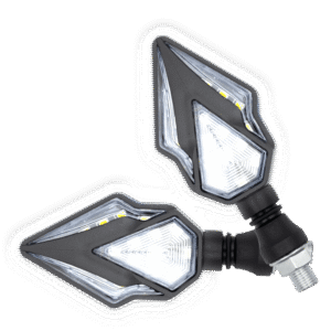 JUEGO DE LUZ DIRECCIONAL PARA MOTO LUZ AMBAR C/SECUENCIA, LUZ BLANCA DIURNA, 12 VOLTS, CARCASA NEGRA