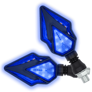 JUEGO DE LUZ DIRECCIONAL PARA MOTO LUZ AMBAR C/SECUENCIA, LUZ AZUL DIURNA, 12 VOLTS, CARCASA NEGRA