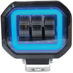 FARO CUADRADO PARA MOTOCICLETA, LUZ BLANCA ALTA / BAJA, ARO DE LUZ AZUL, 12V