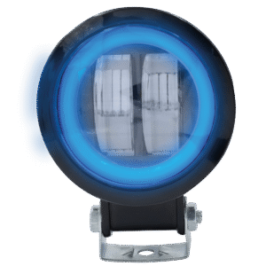 FARO PARA MOTOCICLETA, LENTE OPTICO, LUZ BLANCA ALTA / BAJA, ARO DE LUZ AZUL C/ESTROBO, 12V