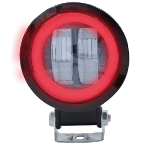 FARO PARA MOTOCICLETA, LENTE OPTICO, LUZ BLANCA ALTA / BAJA, ARO DE LUZ ROJA C/ESTROBO, 12V