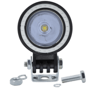 FARO PARA MOTOCICLETA, LENTE OPTICO, LUZ BLANCA ALTA / BAJA, ARO DE LUZ AZUL C/ESTROBO, 12V